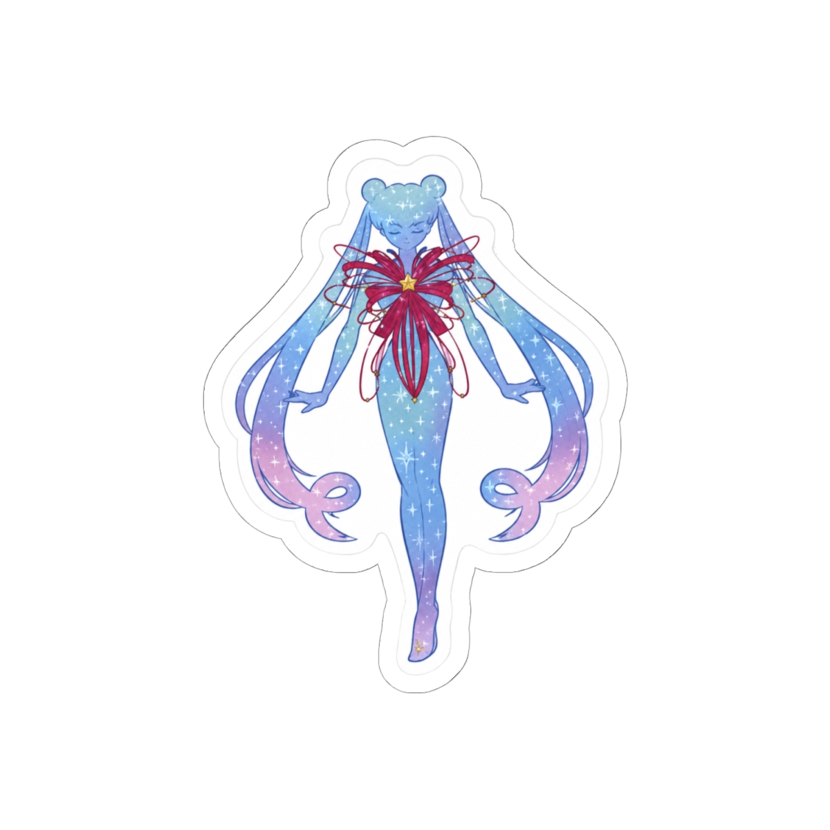 A sticker featuring a blue and pink anime character with a red bow and stars. The character is standing with their arms outstretched - alternate angle 1, merchandise