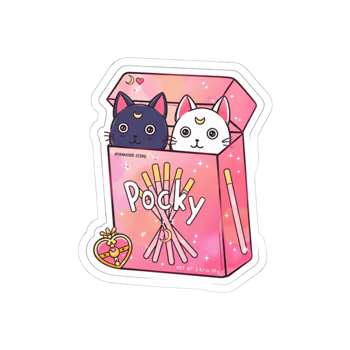A sticker depicting a pink Pocky box with two cat characters. One cat is black with a crescent moon, the other is white with a crescent moon. The box has the word "Pocky" on it, and the sticker has a... - alternate angle 1, merchandise